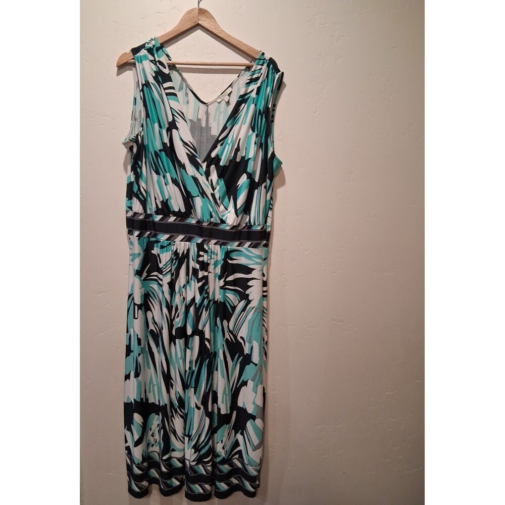Haani Wmn's Plus Size 3X Long Abstract Print Dress Black/Aqua/White V-Neck Beach